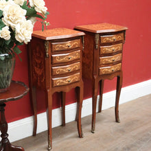Load image into Gallery viewer, x SOLD A Pair of French Walnut and Marquetry Inlay 4 Drawer Bedside Cabinets or Lamp Tables. B12242
