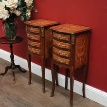 Load image into Gallery viewer, x SOLD A Pair of French Walnut and Marquetry Inlay 4 Drawer Bedside Cabinets or Lamp Tables. B12242
