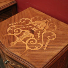 Load image into Gallery viewer, x SOLD A Pair of French Walnut and Marquetry Inlay 4 Drawer Bedside Cabinets or Lamp Tables. B12242
