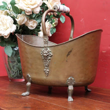 Load image into Gallery viewer, Antique French Brass Coal Scuttle with Delft Porcelain Handle and Lion Paw Feet. B12951

