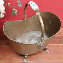 Load image into Gallery viewer, Antique French Brass Coal Scuttle with Delft Porcelain Handle and Lion Paw Feet. B12951
