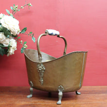 Load image into Gallery viewer, Antique French Brass Coal Scuttle with Delft Porcelain Handle and Lion Paw Feet. B12951
