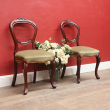 Load image into Gallery viewer, Pair of Australian Cedar Hall Chairs with Carved Floral Detail and Green Seats. B12649
