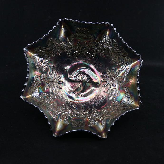 Carnival Glass EMU, Black Amethyst Emu Bowl Australian Crown Crystal Master Bowl B11094
