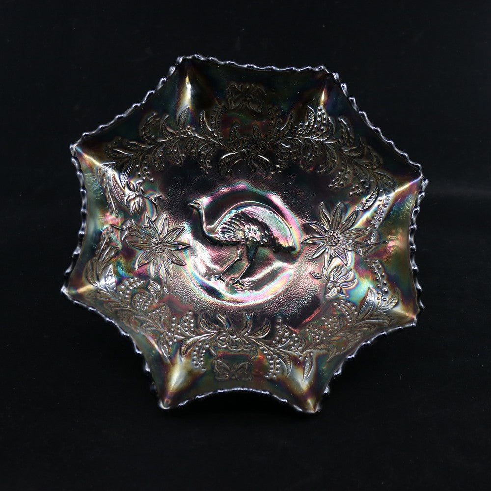 Carnival Glass EMU, Black Amethyst Emu Bowl Australian Crown Crystal Master Bowl B11094