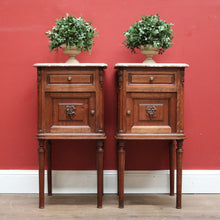 Load image into Gallery viewer, Pair of Antique French Bedside Tables, Oak and Marble Top Lamp or Side Tables B11139
