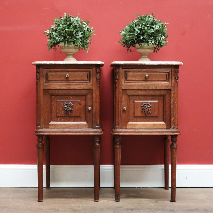 Pair of Antique French Bedside Tables, Oak and Marble Top Lamp or Side Tables B11139