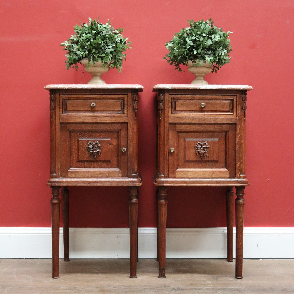Pair of Antique French Bedside Tables, Oak and Marble Top Lamp or Side Tables B11139