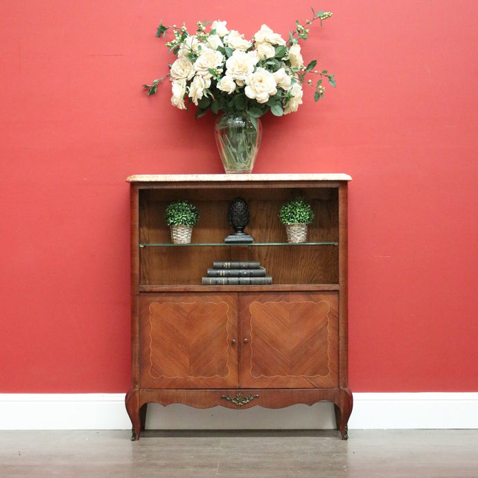 Antique French China Cabinet, Walnut Drinks Hall Cupboard Marble Top Bookcase