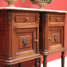 Load image into Gallery viewer, x SOLD Pair of Antique French Bedside Tables, Oak and Marble Top Lamp or Side Tables B11139
