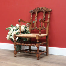 Load image into Gallery viewer, x SOLD Antique French Oak and Rush Seat Hall Chair Armchair, Fleur de Lis Desk Chair B10665
