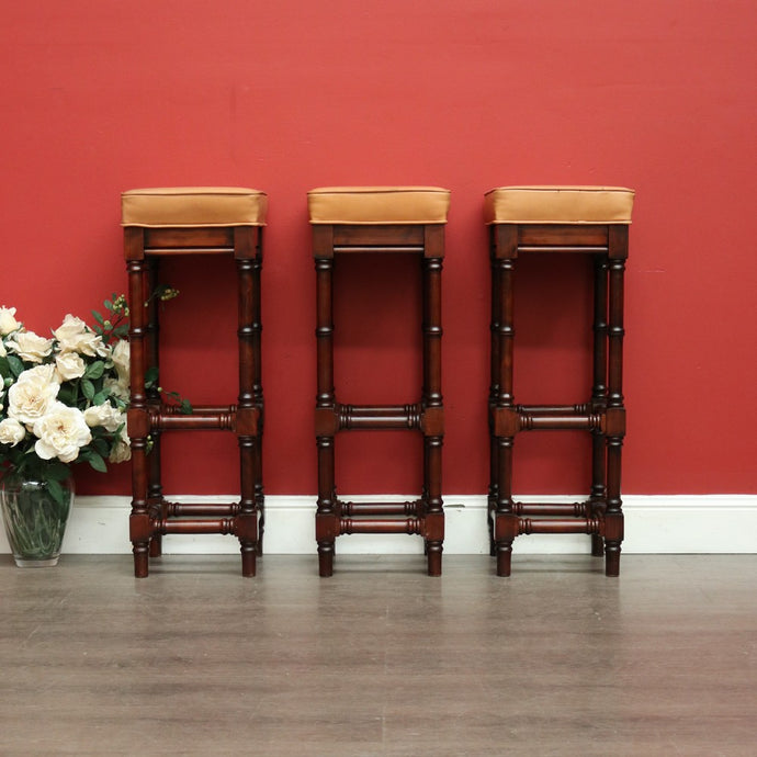 Set of 3 Vintage Bar Stool, Walnut and Tan Leather Breakfast Bar Stools Chairs