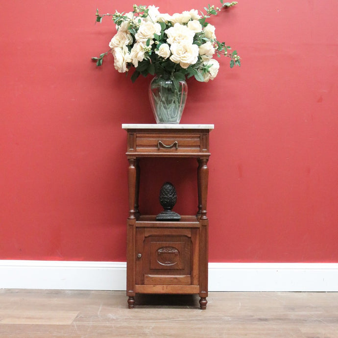 Antique Bedside Table, French Bedside Cabinet, Lamp or Side Table. Oak, Marble B11089