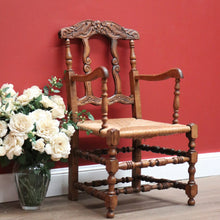 Load image into Gallery viewer, x SOLD Antique French Oak and Rush Seat Hall Chair Armchair, Fleur de Lis Desk Chair B10665
