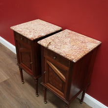 Load image into Gallery viewer, x SOLD Antique French Bedside Tables, Mahogany and Marble Lamp or Side Tables True Pair B11137
