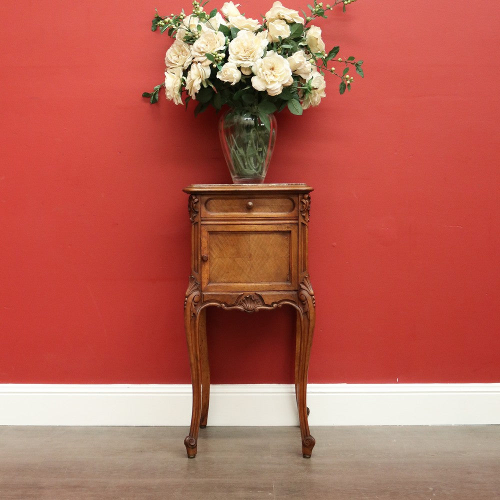 Antique French Walnut Bedside Table, French Walnut and Marble Lamp Side Cabinet B10428
