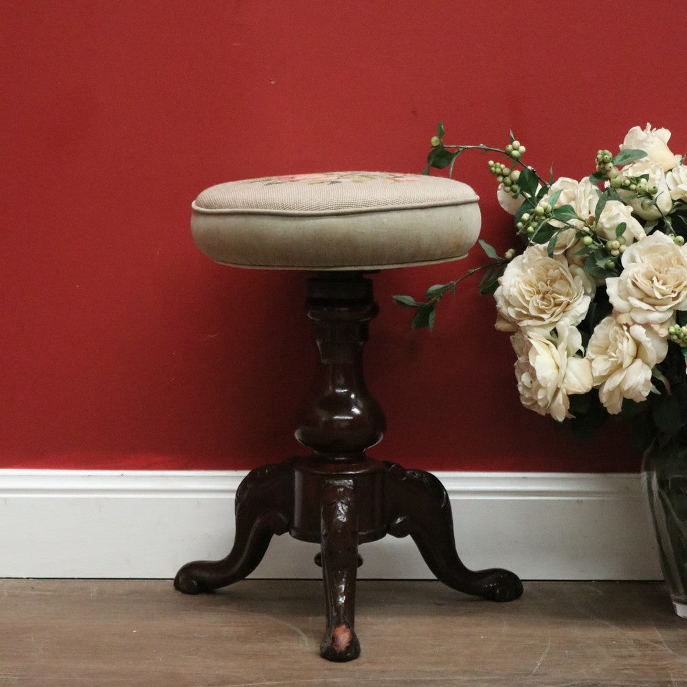 Antique Australian Cedar Piano Stool, Cedar Tapestry Swivel Dressing Table Chair B11102