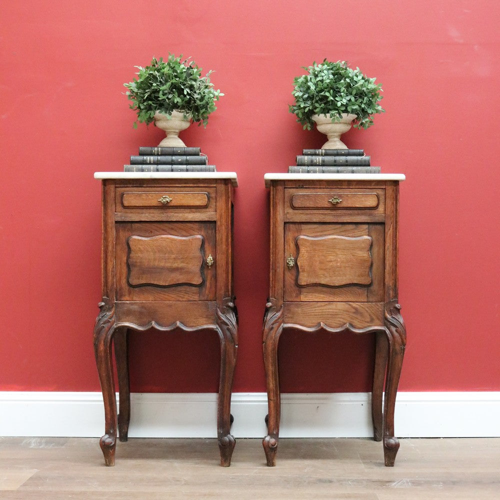 Antique French Oak Bedside Cabinets, 2 French Oak and Marble Lamp Tables B10564
