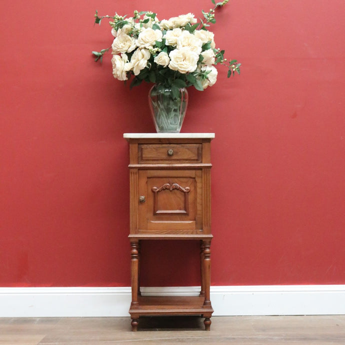 Antique Bedside Cabinet, French Oak and Marble Lamp Table, Bedside Table B10908