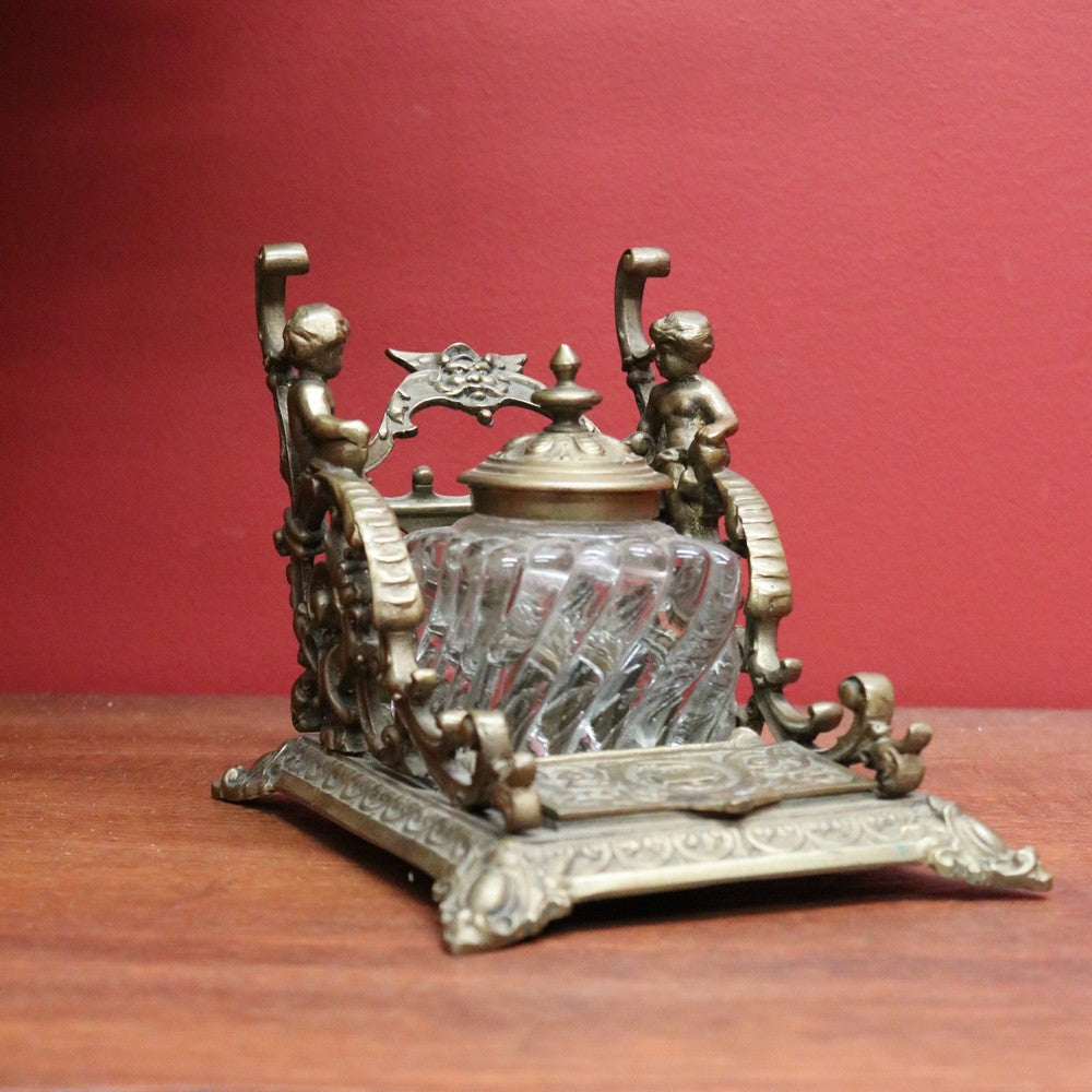 Antique French Inkwell, Antique Brass and Glass Office Desk Ink Well, Cupids B10745