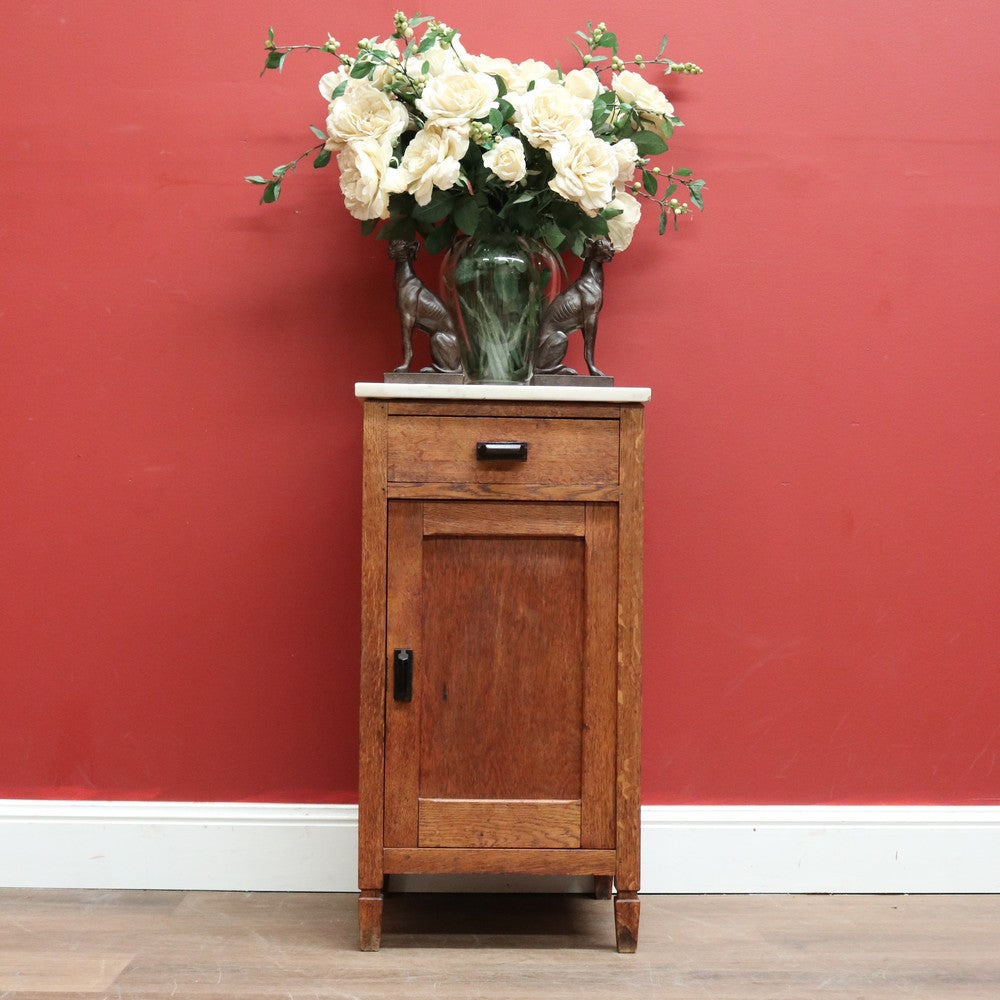 x SOLD Antique Bedside Table, French Oak and Marble Top Art Deco Bedside or Lamp Table B11254