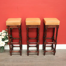 Load image into Gallery viewer, x SOLD Set of 3 Vintage Bar Stool, Walnut and Tan Leather Breakfast Bar Stools Chairs. B9958
