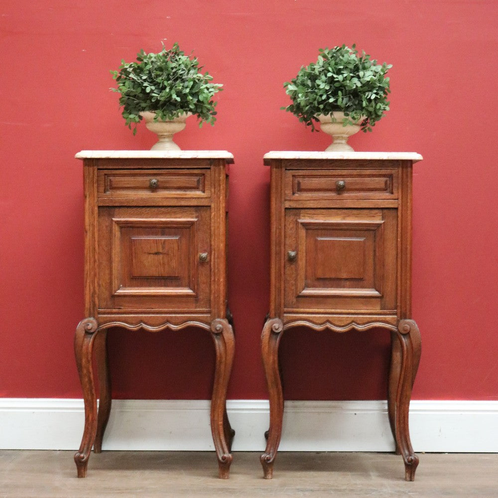 Pair of Antique French Oak and Marble Top Bedside Cabinet, Bedsides Lamp Tables. B11216
