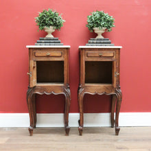 Load image into Gallery viewer, x SOLD Antique French Oak Bedside Cabinets, 2 French Oak and Marble Lamp Tables B10564

