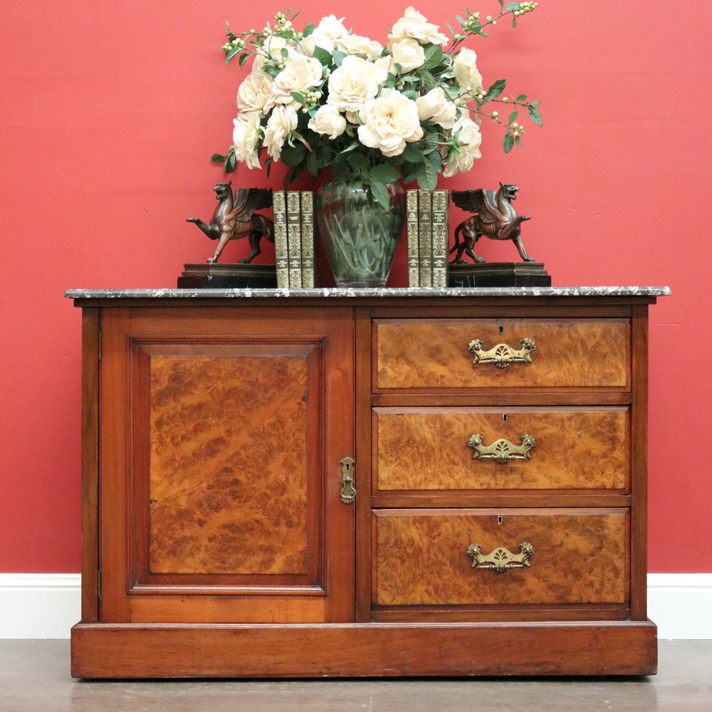 Antique English Burr Walnut and Marble Top 3 Hall Cabinet Sideboard Vanity. B10444