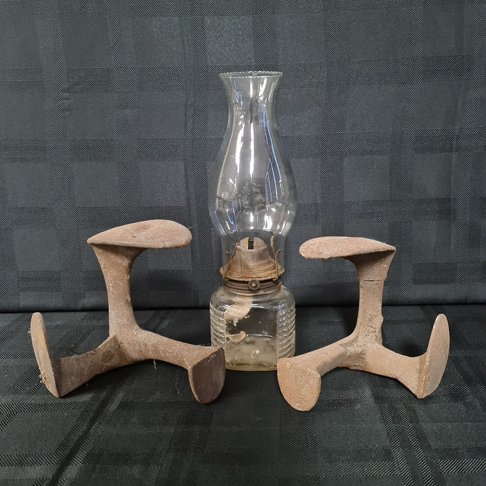 x SOLD Vintage Shoe lasts with a glass kerosene lantern