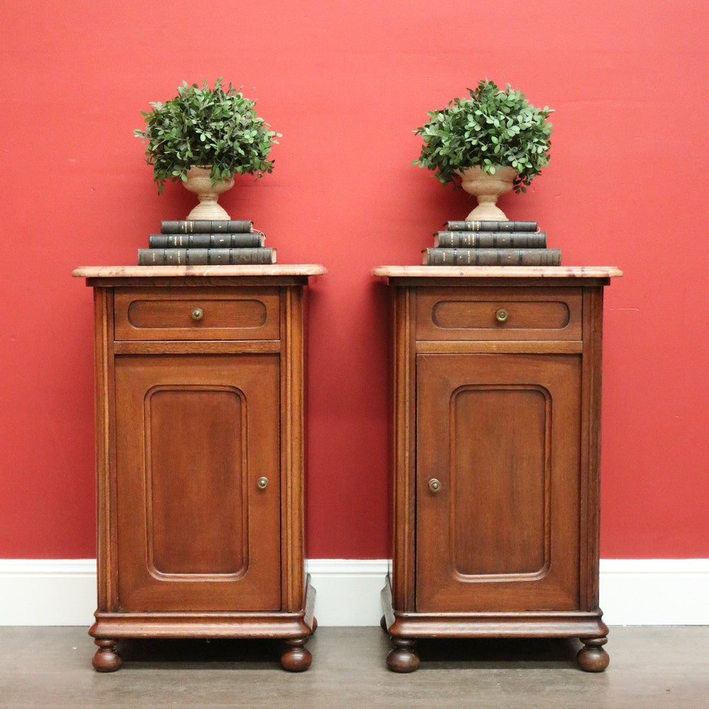 Antique French Oak Bedside Cabinet, Lamp Cupboards, Side Tables Marble Tops