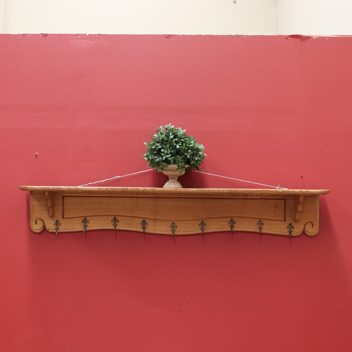 French Oak Coat Rack Brass Fleur de Lis Hooks and Hat Display Shelf, Pot Holder B10628