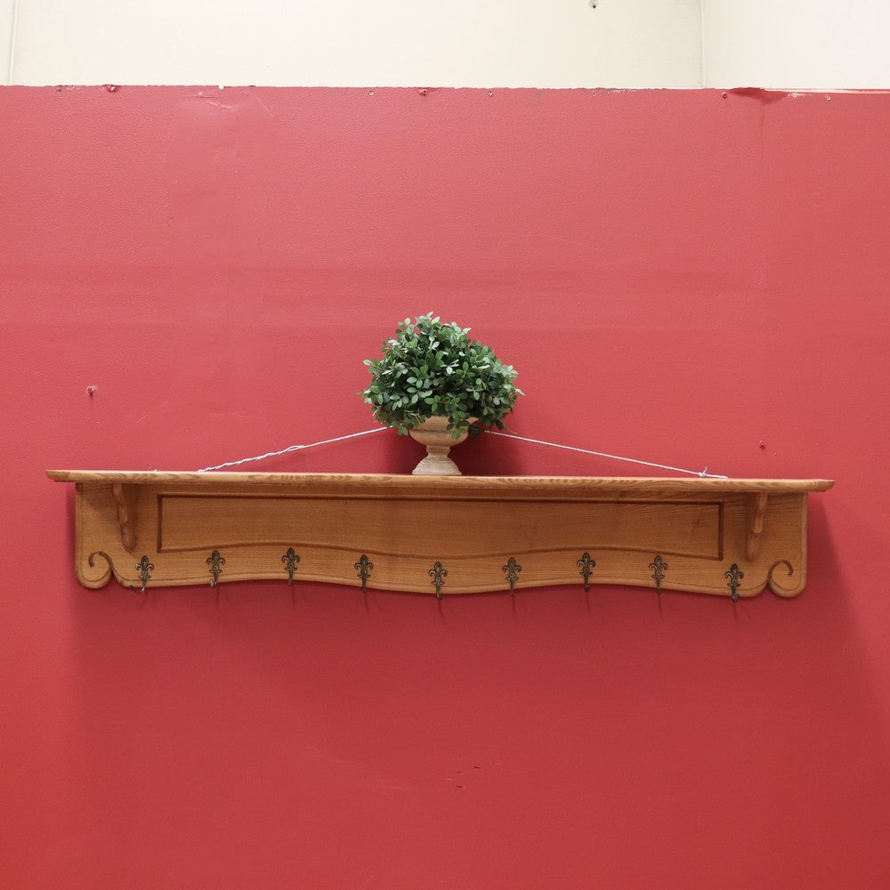 French Oak Coat Rack Brass Fleur de Lis Hooks and Hat Display Shelf, Pot Holder B10628