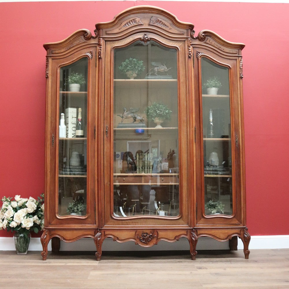 Antique French Walnut and Glass 3 Door Bookcase China Display Case Cabinet B10702
