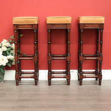 Load image into Gallery viewer, x SOLD Set of 3 Vintage Bar Stool, Walnut and Tan Leather Breakfast Bar Stools Chairs. B9958
