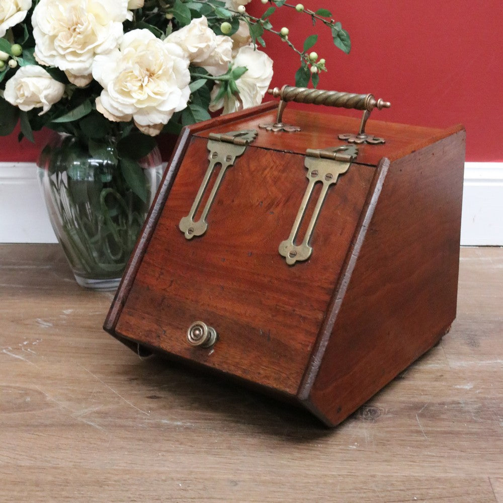 Antique English Coal Scuttle, Walnut and Brass Lift Lid Kindling Storage Box B10967