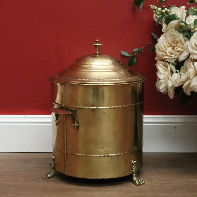 Antique French Brass Coal Scuttle, Brass Lidded Storage Container, Dog Food Bin B10812