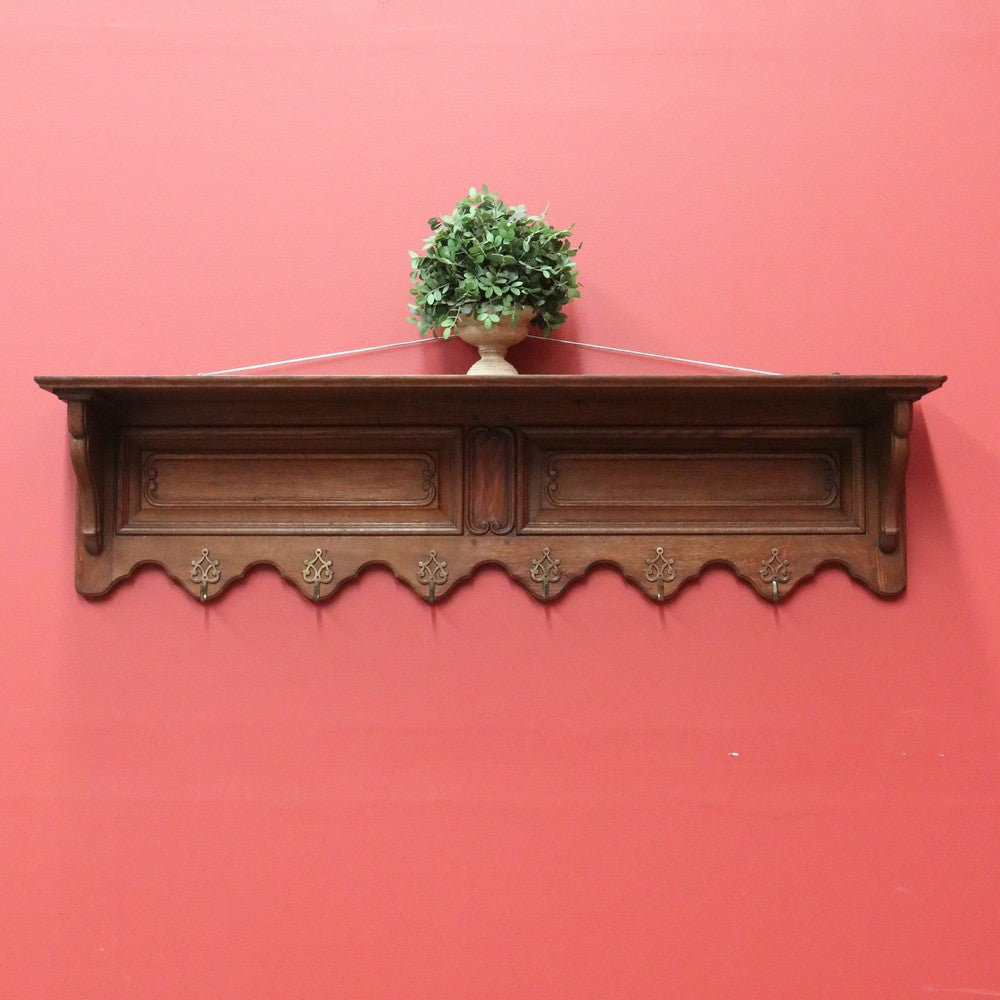 Antique French Coat Rack, Oak and Brass Umbrella Holder, Scarf and Hat Rack B10780