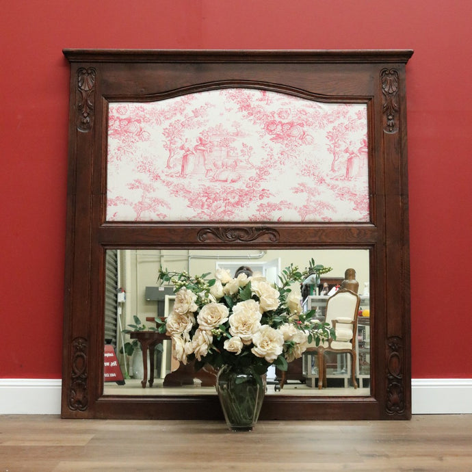 Antique French Oak Mirror, Mantle Mirror, French Trumeau Mirror, Toile Fabric B10746