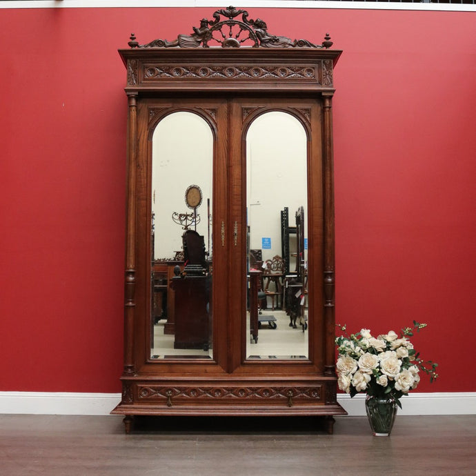 Antique French Armoire, Antique Brittany Oak and Mirror 2 Door Wardrobe Cupboard