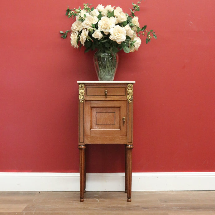 Antique Oak and Marble Top French Bedside Table, Lamp Side Bedside Cabinet B10995