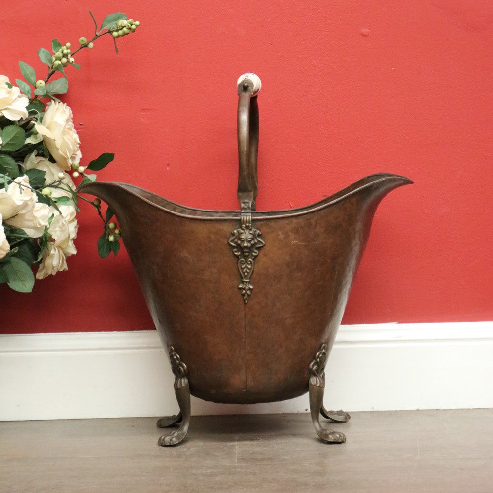Antique French Brass Bucket, Coal Scuttle, Fuel Bucket, Jardinière, Delft Handle B10293