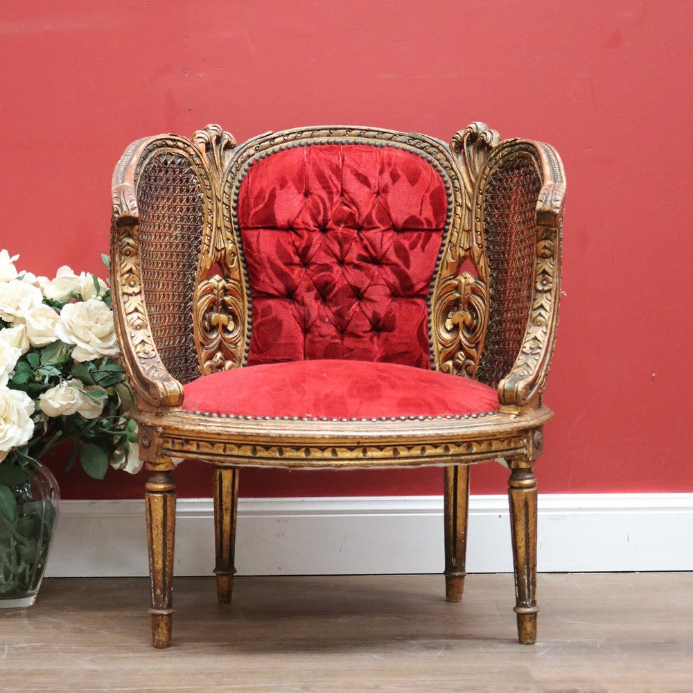 Antique French Gilt Timber, Cane, Button Back Fabric, Boudoir Chair, Armchair B11146