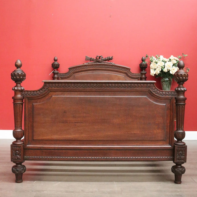 Antique French Bed, French Oak Double Bed with Headboard, Foot Side Rails Slats B10455