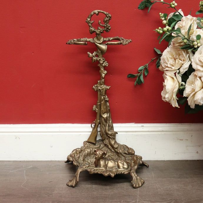 Antique French Brass Umbrella Holder with Resting Dog, Horn, Hunting Scene
