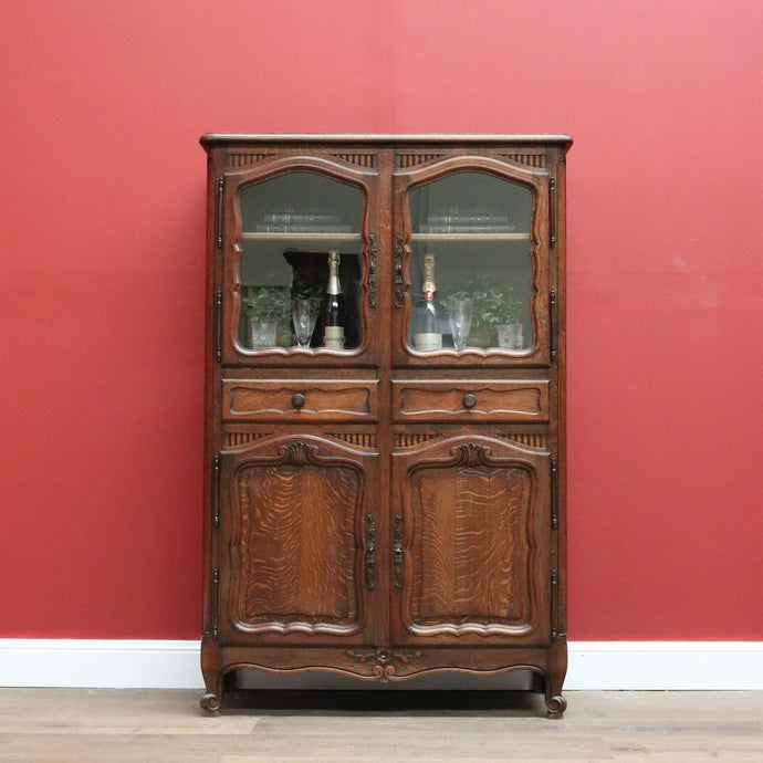 Vintage French Oak with 4 Carved Doors 2 drawers Bookcase China Display Cabinet 