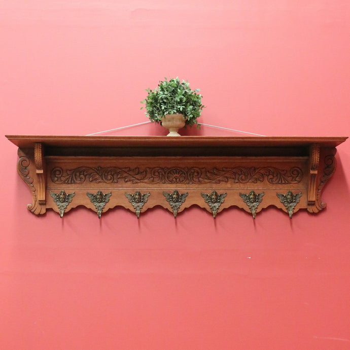 Antique French Coat Rack, Oak and Brass Umbrella Holder, Scarf and Hat Rack B10779