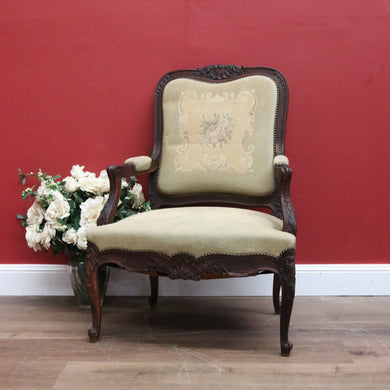 Antique Grandfather Chair, Oak and Tapestry Padded Arm Armchair Grandfather Seat B10782