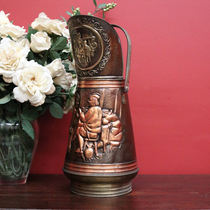 Antique French Copper and Brass Coal Scuttle, Umbrella Holder, Pressed Metal Jug