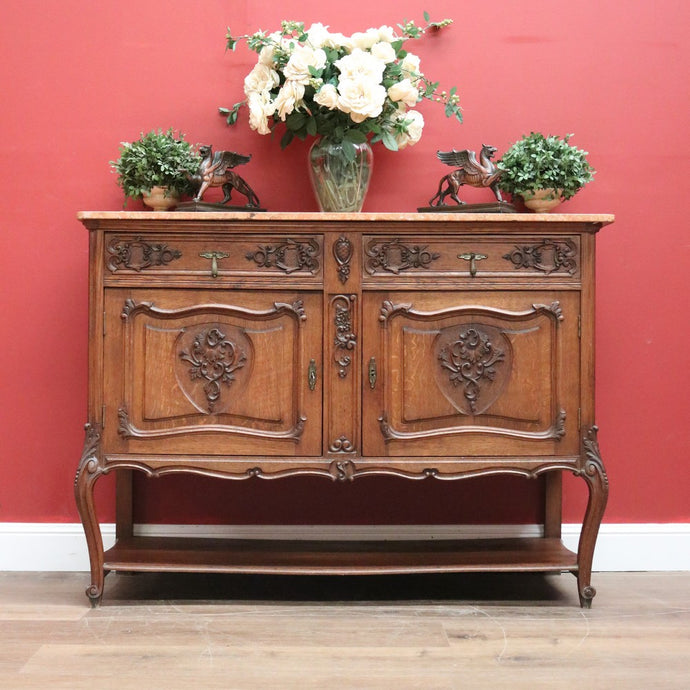 Antique French Sideboard, Oak and Marble Top French Two Drawer Hall Cupboard B10879